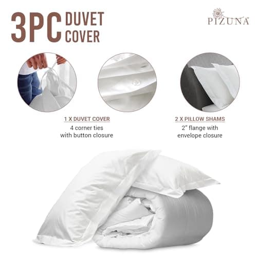 Pizuna Pure 100% Cotton King Duvet Cover with Shams, Luxurious 400 Thread Count Long Staple Cotton Sateen Weave with Hidden Button Closure (Combed White Cotton Duvet Covers King) — view 2