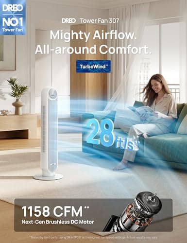DREO Tower Fan for Bedroom, 2026 Upgraded DC Motor, 28ft/s High Velocity, 20dB Ultra Quiet Standing Fan, 8 Speeds 4 Modes, 90° Oscillating Bladeless Fan for Indoors, Floor Fans with Remote, White