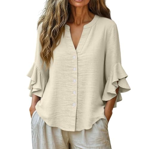 3/4 Ruffle Sleeve Cotton Linen Shirts for Women Dressy V Neck Beach Tunic Tops Elegant Summer Casual Work Blouses Yellow — view 4