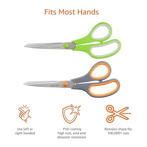 Amazon Basics Multipurpose Stainless Steel Scissors for Office, Crafts, Paper Cutting, Fabric Cutting, Right/Left Handed, Comfort Grip, PVD Coated, 2-Pack, Green and Grey — view 3