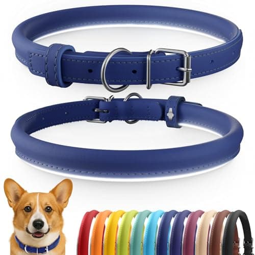 CollarDirect Rolled Leather Dog Collar, Soft Padded Round Puppy Collar, Handmade Genuine Leather Collar Dog Small Large Cat Collars (Deep Blue Smooth, 35-40 cm)