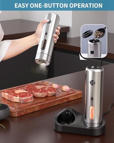 CIRCLE JOY Electric Salt and Pepper Grinder Set with Rechargeable Base Upgraded Stainless Steel Automatic Salt and Pepper Shakers with 2 Grinding Speeds, External Adjustment and 110ml Capacity, Silver — view 5