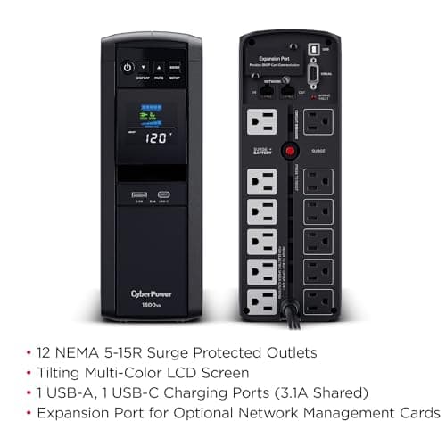 CyberPower CP1500PFCLCD PFC Sinewave UPS System, 1500VA/1000W, 12 Outlets, AVR, Mini Tower, Black — view 2