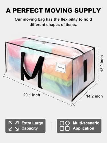 HOMESURE 8 Pack Large Strong Moving Bags with Zippers & Carrying Handles - Water-Resistant - Heavy Duty Tote for Space Saving Storage, Fold Flat, Alternative to Moving Box (Clear) — view 4