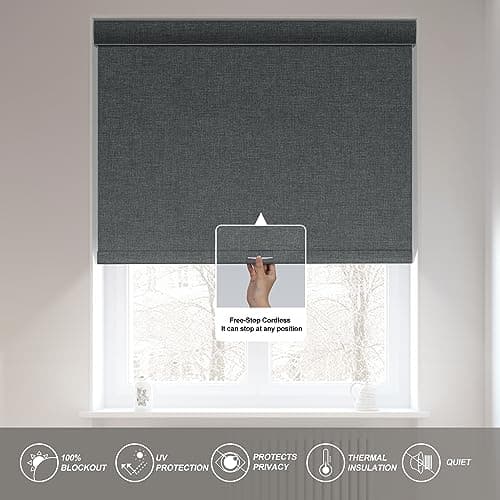 Boolegon Blackout Roller Shades for Windows,Cordless,Linen Fabric,Roller Blinds,Thermal Insulated Fabric UV Protection,Window Shades for Home,Door,Bedroom,Office,Blackout-Gray,Custom Size — view 4