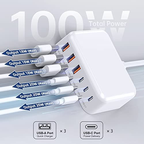USB C Charger Block, 100W 6 Port PD USB C Charging Station and QC USB A Wall Charger Block Cube, Type C Charging Hub for iPhone 17 16 15 14 13 12 Pro Max iPad Galaxy S25 Pixel, 5ft Extension Cord — view 2