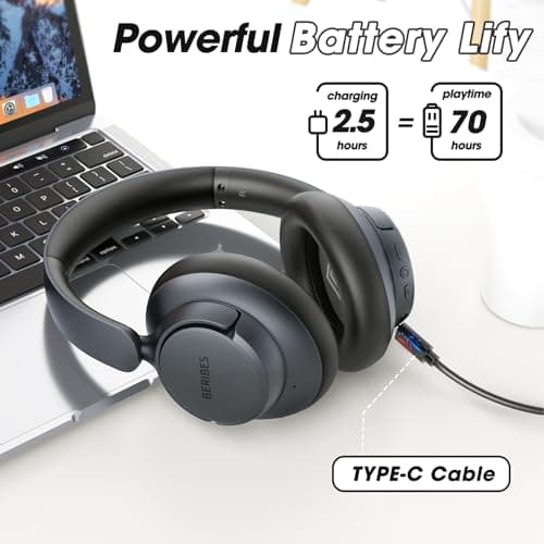 BERIBES Upgraded Hybrid Active Noise Cancelling Headphones with Transparent Modes,70H Playtime Bluetooth Headphones Wireless Bluetooth with Mic, Deep Bass,3.5MM Cable,Soft-Earpads,Fast Charging-Black — view 2