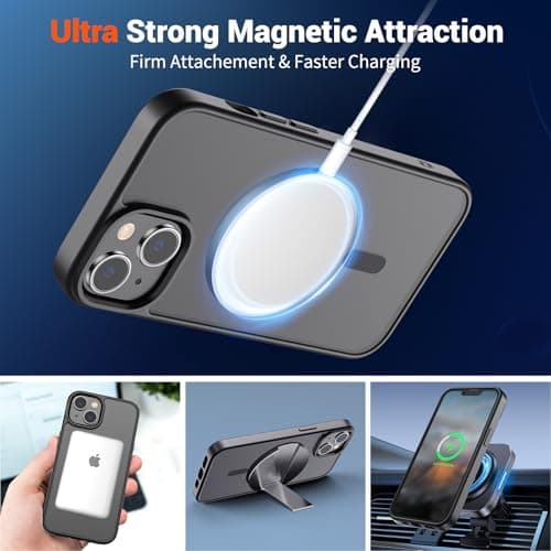 SUPFINE Magnetic for iPhone 13 Case/iPhone 14 Case with Screen Protector (Compatible with MagSafe)(Military Grade Drop Protection) Translucent Matte Phone Cover,Black — view 4