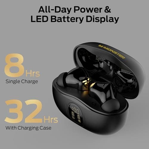 Monster N-Lite 217 Wireless Earbuds, Bluetooth 6.0 Stereo Headphones with Powerful Bass, Built-in Smart Noise Cancelling Mic for Clear Calls, Comfortable Fit, 32H Playtime, IPX5 Waterproof, Black — view 4