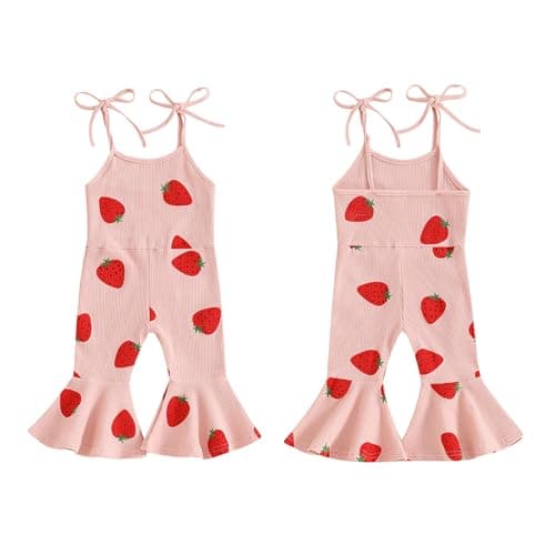 Toddler Baby Girl Romper Overalls Outfit Plaid Jumpsuit Floral Strawberry Birthday Flare Pants Summer Clothes (B5 Strawberry Pink, 12-18 Months) — view 4