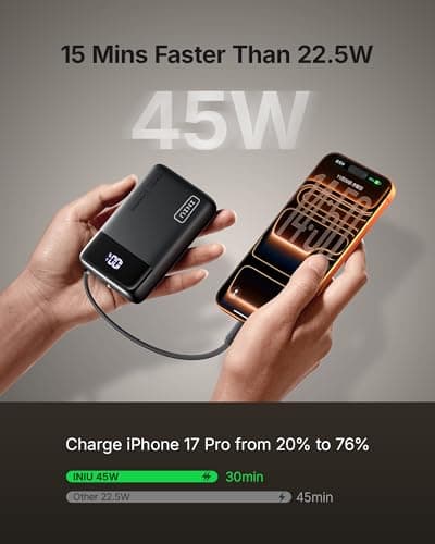 INIU 20000mAh Power Bank, Small 45W PD Fast Charging Portable Charger with Built-in USB C Cable, Flight-Safe Travel External Phone Battery Pack for iPhone 17 16 Pro Max Samsung S25 S26 Google iPad etc — view 2