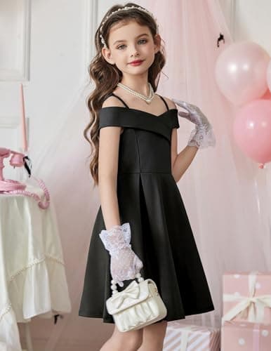Arshiner Girls Summer Dress Off Shoulder Fold Pleated Formal Elegant A-Line Party Dresses with Pocket Black for 11-12Years Girls