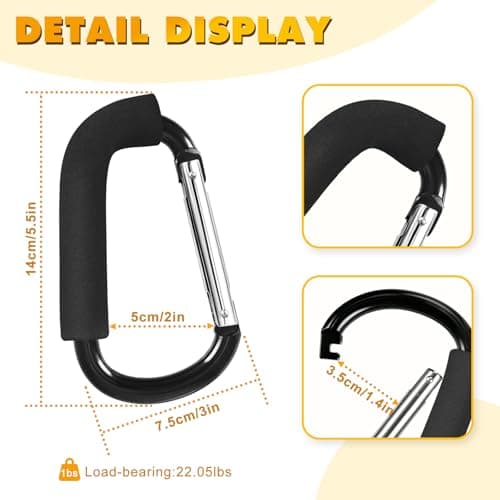 Stroller Hooks 4 Pack, 5.5" Black Baby Stroller Clips for Baby Diaper Bag, Grocery, Purse, Hanging Bags, Mommy Hook Backpack Accessories for Outdoor, Camping and Hiking, Large Carabiner Clip