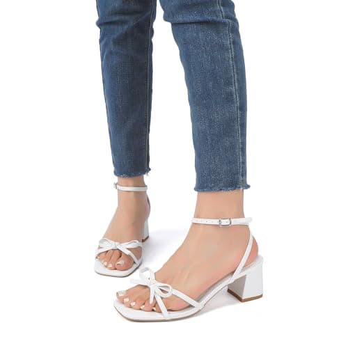 FUTJRNEY Women's Bow Strappy Heels Block Chunky Square Open Toe Low Heels Dress Sandals for Wedding Party(8,White) — view 5