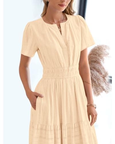 BTFBM Womens Summer 2026 Casual Midi Maxi Dresses Lightweight Short Sleeve V Neck Elastic Waist Boho Beach Dress Pockets(Apricot, Small) — view 5