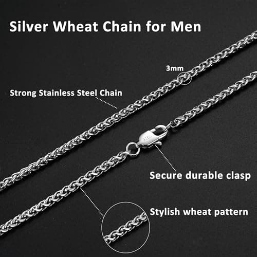 Avotto Mens Silver Chain Necklace 2mm Silver Mens Chain Necklace Wheat Stainless Steel Chains for Men Jewelry Gifts 20 Inch — view 3