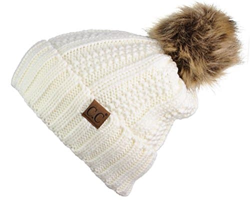 C.C Thick Cable Knit Faux Fuzzy Fur Pom Fleece Lined Skull Cap Cuff Beanie, Ivory