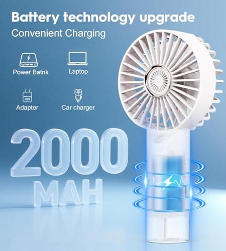 BlingTrail Mini Handheld Fan With Water Mist, Outdoor Portable Misting Fan Rechargeable, Water Spray, Hand Held, 2000mAh Battery Powered, Powerful & Ultra Quiet, for Travel, Sleeping, and Desk, White — view 2