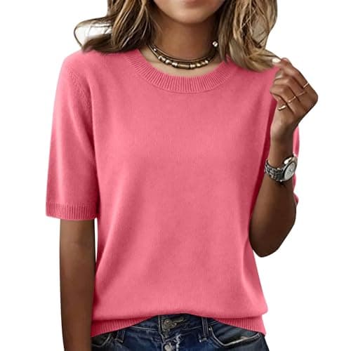 Elbow Sleeve Tops Women Loose Fit Cashmere Sweaters Crew Neck T Shirts Dressy Lightweight Half Sleeve Spring Blouses Pinks Small