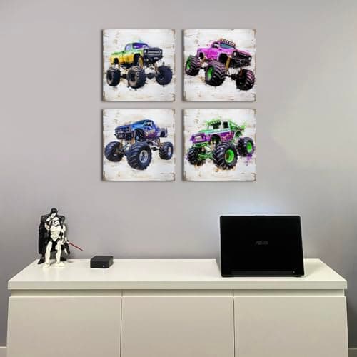 Monster Truck Canvas Wall Art for Boys Room Decor Vintage Car Posters Kids Wall Art, Trucks Poster for Boys Bedroom Playroom Watercolor Vehicle Wall Decor Nursery Paintings Children Gifts 12×12" 4 Pcs — view 5