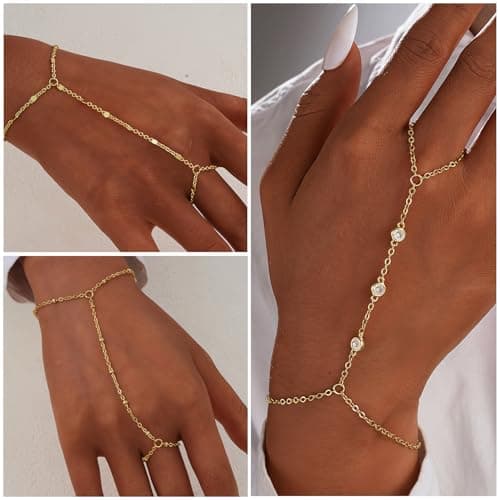 3PCS 14K Gold-Plated Hand Chain Bracelets for Women, Stack Bracelets Set Adjustable, Dainty Ring Bracelet Hand Chain — view 7