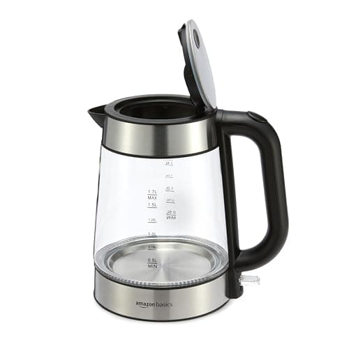 Amazon Basics Electric Kettle with Glass Carafe for Tea and Coffee, BPA-Free, Fast Boiling, Auto Shut-Off, Boil-Dry Protection, Water Level Indicator, 1.7 Liter, 1500W, Black and Silver — view 3