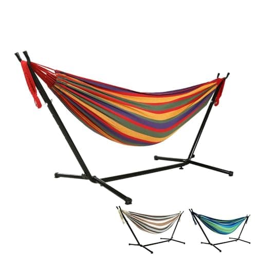 GOUTIME Hammock with Stand,Double Hammocks with Space Saving Steel Stand 2-Person Hammock with Portable Carrying Bag, Camping Hammock for Outdoor Gift for Parents Family 550LB (250kg) (Red)
