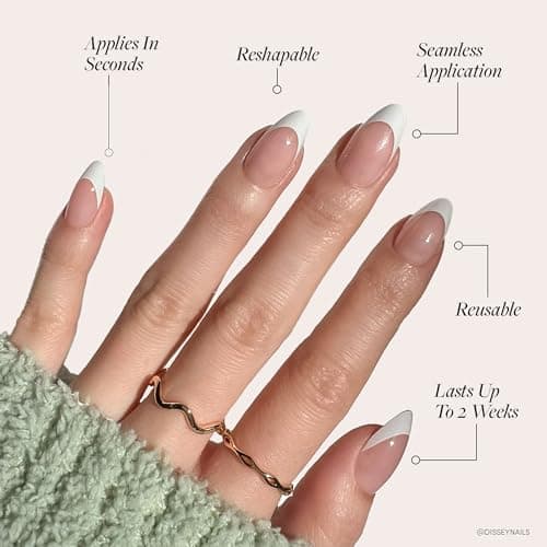 Glamnetic Press On Nails - MaDamn | French Tip UV Finish Short Pointed Almond Fake Nails, Salon Quality Semi-Transparent Nails in 12 Sizes - 24 Nail Kit with Glue — view 2