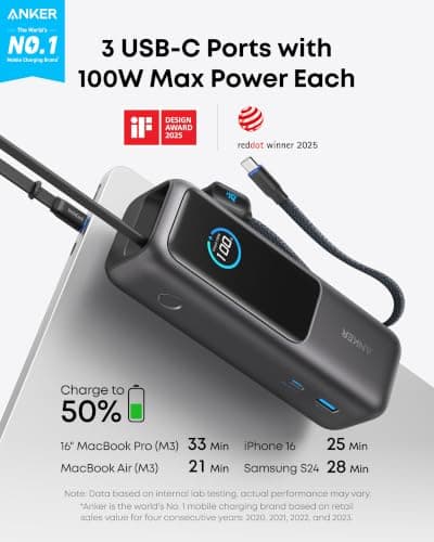 Anker Laptop Power Bank,25,000mAh Portable Charger with 165W Total Output,3 USB-C Ports (100W Max Each),Built-in Retractable Cables,Flight-Ready,for iPhone 17/16 Series,MacBook,Samsung,and More