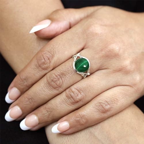 JEWELOPORIUM Green Malachite Silver Ring Size 13, 925 Sterling Silver Ring for Women, Real Round Gemstone Boho Jewelry — view 2