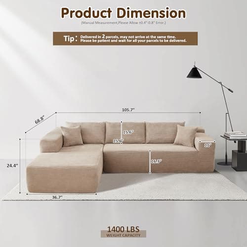 ovios 104" Cloud Boneless Couch with L-Shape Chaise,Modern Sectional Modular Sofa with Deep Seat, Upholstered Couches for Living Room Bedroom,No Assembly Required, Camel (Corduroy Fabric)