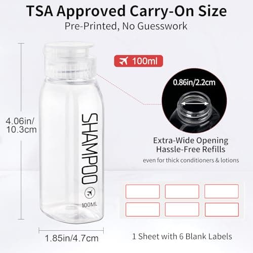 Cosywell Travel Bottles for Toiletries 10PCS 100ml Pre-Printed Shampoo, Conditioner & Body Wash TSA Approved 2oz Travel Spray Bottle Leakproof 0.35oz Plastic Cream Jars Refillable Cream Lotion(Clear)