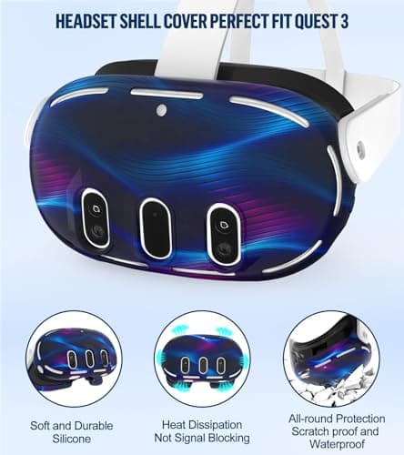 YRXVW Silicone Cover Set Compatible with Oculus/Meta Quest 3, Touch Controller Grips Cover, VR Shell Cover, Facial Interface Cover, Protective Lens Cover, Tempered Glass Lens Caps (Aurora Blue) — view 3