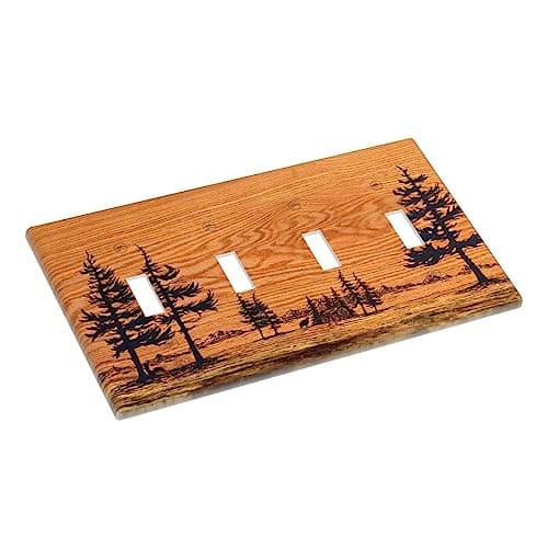 Rustic Brown Pine Tree Wood Print 4 Gang Light Switch Cover Quad Toggle Wall Plate Decorative Electrical Switchplate Faceplate for Bedroom Living Room Bathroom Home Decora(plastic) — view 2