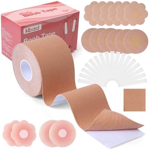 Ultimate Breast Tape Kit for Women, 1 Roll Boob Tape, 8 Pairs Nipple Covers, 41pcs Fashion Tape Strips and Test Pad, Hypoallergenic, Waterproof & Reusable for Dresses, Weddings, Sports