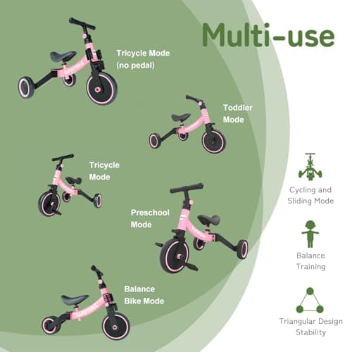 besrey 5 in 1 Toddler Bike for 1 Years to 4 Years Old Kids, Toddler Tricycle Kids Trikes Tricycle, Toys for Boy & Girl, Balance Training, Removable Pedals - Pink