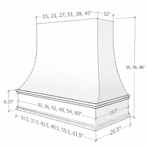 Riley & Higgs Unfinished Wood Kitchen Range Hood Cover, Curved Front Wall Mount Vent Hood, Classic Trim, Plywood with Maple, 43.5” W x 30” H — view 2