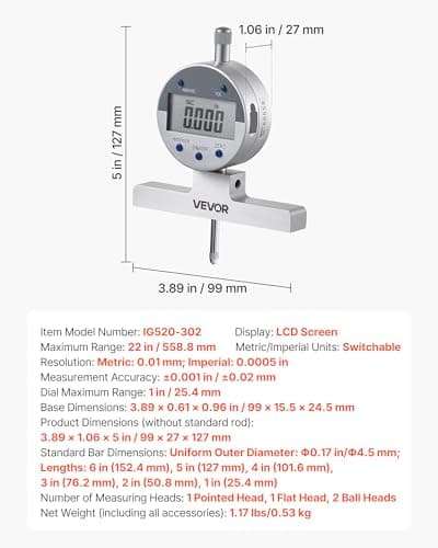 VEVOR Depth Gauge, Depth Micrometer Digital Electronic Indicator 0-22 inch Measuring Range, 0.0005" Resolution, Precision Unit Conversion with 4 Anvils, Measuring Tool for Groove, Step, Hole — view 6