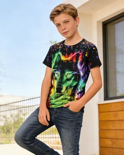 Rynzola Boys 3D Print T-Shirts Girls Summer Colorful Design Graphic Tee Kids Crewneck Short Sleeve Causal Tops（Wolf,6-7T） — view 4
