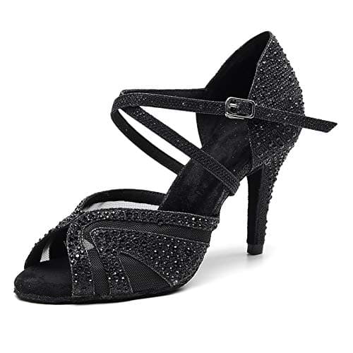 JUODVMP Women's Ballroom Dance Shoes Glitter High Heel Dance Heels Salsa Professional Dance Shoes,Black,8.5cm Heel,8 US