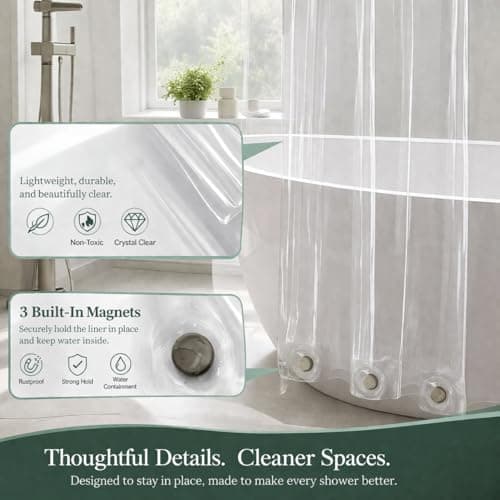 EHZNZIE Crystal Clear Shower Curtain Liner 72x72, PEVA Waterproof Bath Curtain, No Chemical Smell, 3 Weighted Magnets, Durable with Rustproof Metal Grommets — view 3