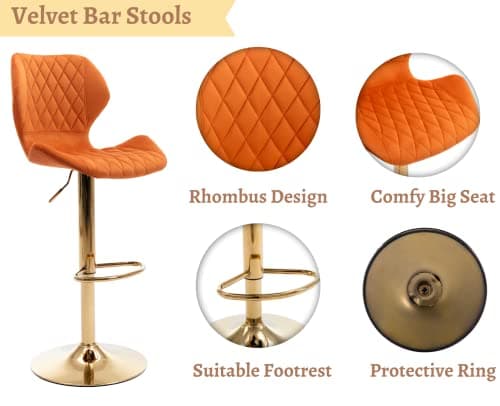 EALSON Velvet Bar Stools Set of 2 Counter Height Barstools with Back Swivel Bar Chairs with Gold Base Modern Adjustable Kitchen Island Stools for Home Bar/Dining Room, Orange — view 3