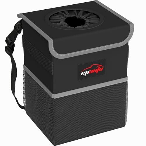 EPAuto Waterproof Car Trash Can with Lid and Storage Pockets, Black