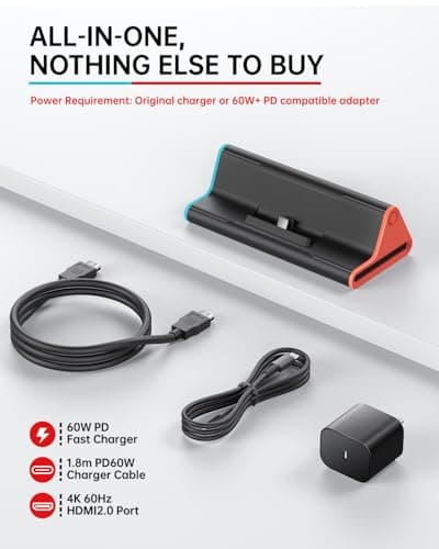 Switch 2 Dock with 60W Charger & HDMI Cable, 4K Portable Docking Station for Nintendo Switch2 Console, Travel TV Connector Stand Base, USB-C Charging Cable, AC Adapter Power Cord, Game Accessories Set