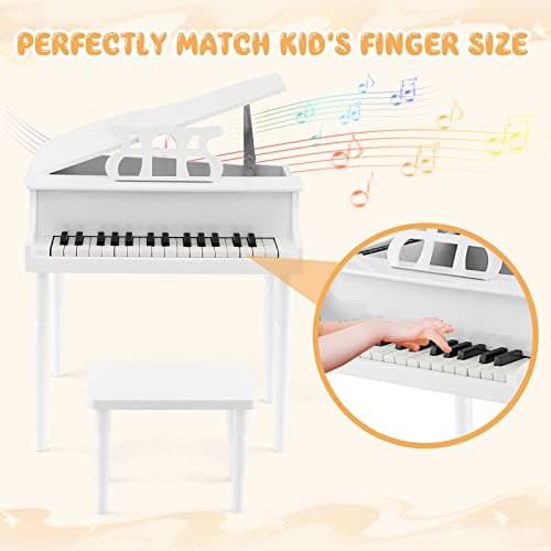 Goplus 30-Key Classical Kids Piano, Mini Grand Piano Wooden Learn-to-Play Musical Instrument Toy with Bench, Piano Lid, Music Rack, Gift for Boys Girls Aged 2+ Baby Toddler(4 Straight Leg-White) — view 5