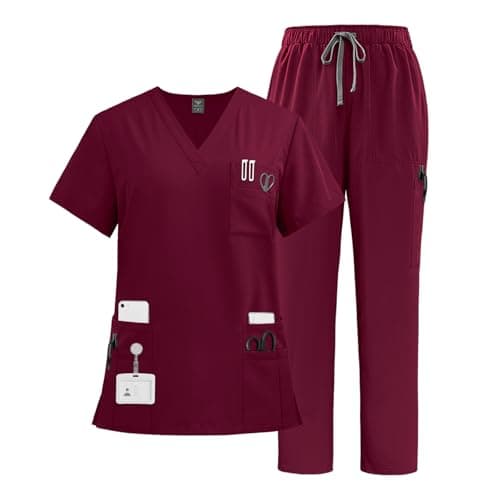 VIAOLI Scrubs Set Multiple pockets V-Neck Top and Drawstring Scrub Pant - Medical Uniform Women Scrub Set Clearance, Burgundy, Medium