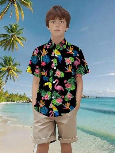 QAUN Hawaiian Shirt for Kids Boys Hawaiian Shirts Summer Button Down Shirt Cusual Tops 5-14 Years
