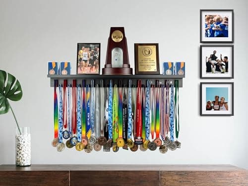 Medal Awards Rack Premier Medal Hanger Display Rack and Trophy Shelf for Gymnastics, Soccer, Basketball, Football, and More – Black, 3 ft — view 5