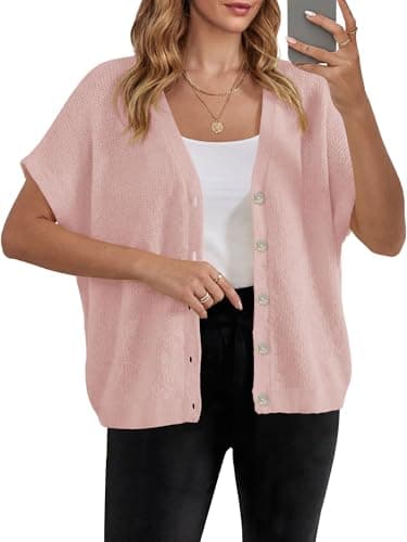 BETTE BOUTIK Womens Half Short Sleeve Cardigans Summer Lightweight Knit V Neck Button Down Casual Sweater Tops for Beach Vacation Pink Large