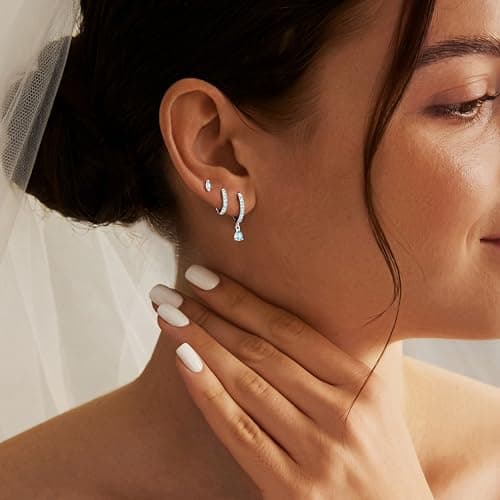 GoldGifts March Birthstone Aquamarine Earrings - Light Blue Jewelry Gift, Hypoallergenic Sterling Silver Small Huggie Hoop Set for Women, Dainty Trendy Stack Dangle Studs for Cartilage Helix — view 3